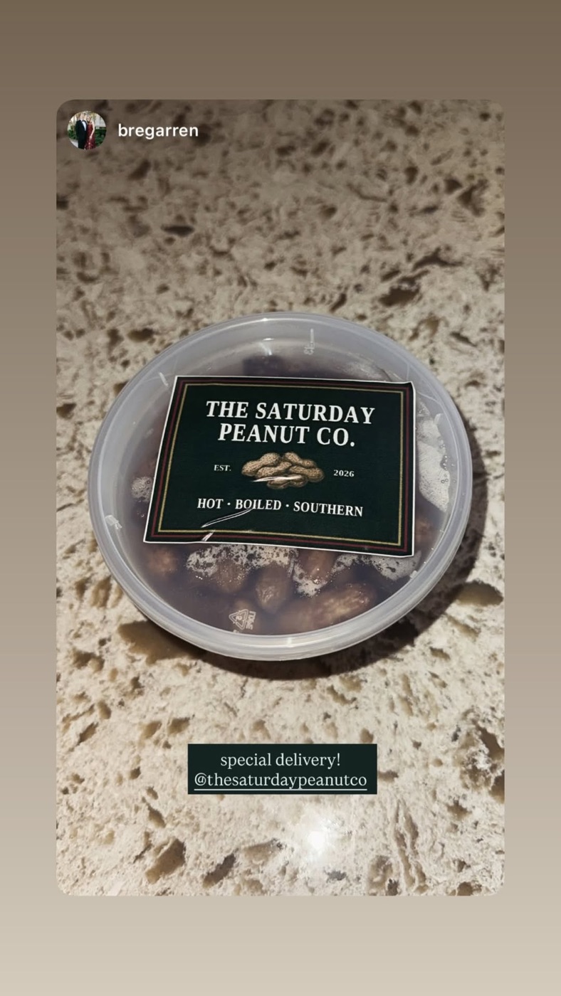 Instagram story reshared from bregarren showing a branded container of boiled peanuts with the words special delivery